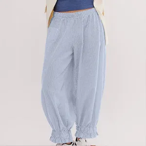 Light blue striped casual pants detail featuring elastic waist and cute ruffle hems.