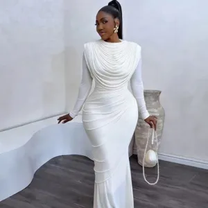 Elegant Women Ruffled Bodycon Maxi Dress Long Sleeve Solid Color Temperament Slim Fit Dress For Party Banquet Date Night