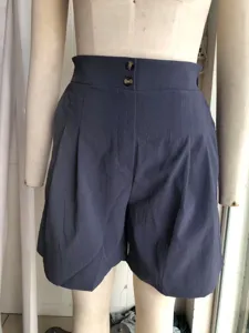 Women's high waist wide leg shorts summer casual double button pleated design blue