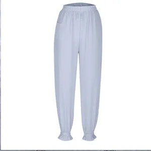 Women striped casual trousers elastic waist ruffle cuffs loose trousers spring summer