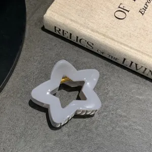 Vista dettagliata di un fermaglio per capelli a forma di stella vuota grigio chiaro su un libro.