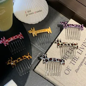 Cute Dog Shape Leopard Print Acetate Hair Comb Metal Teeth Korean Style Side Fringe Clip Hair Styling Tool For Women