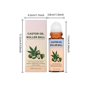 Castor oil roller bottle detail, showing size dimensions and 50ml capacity design.