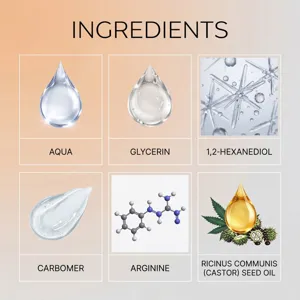 Detailed castor oil essence ingredients infographic showing pure aqua, glycerin and castor seed oil.