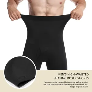 Detail view of black high-waisted shaping boxer shorts showing elastic fabric and texture.