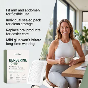 Vue détaillée du patch bien-être Laniska Berberine et emballage avec mannequin lifestyle.
