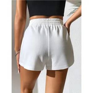 Detailed back view of women's comfortable white loose elastic high-waisted shorts