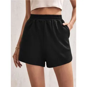 Detailed view of women's black elastic waist wide-leg casual sports shorts for summer
