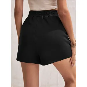 Rear view of black loose fitting elastic waist sports shorts for women summer casual wear