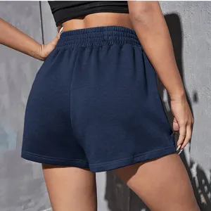 Back view of navy blue high-waisted sports shorts with an elastic band for women