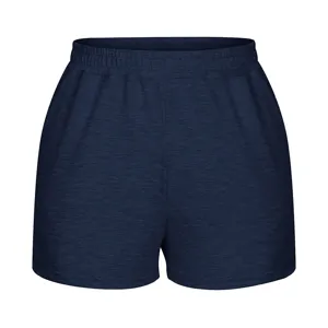 Detailed front view of women's dark blue heathered sports shorts with elastic waistband