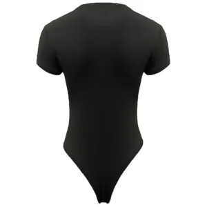 Classic solid black short sleeve round neck bodysuit, slim fit sexy casual style for women.
