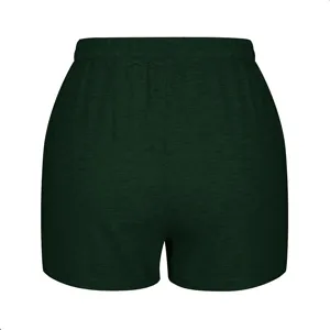 Back view of dark green elastic waist casual sports shorts with soft fabric texture detail