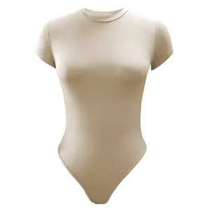 Beige short sleeve crewneck bodysuit detail shot, fitted casual slim streetwear top.