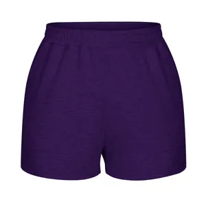 Detailed front view of women's purple athletic shorts featuring an elastic waist.
