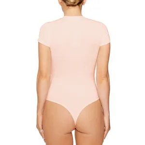Women casual solid color round neck short sleeve slim fit thong bodysuit back view detail