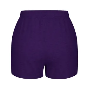 Back view of purple elastic waist sports shorts featuring a loose wide-leg fit for casual wear