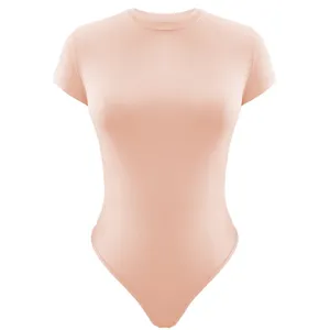 Women solid short sleeve crewneck bodysuit basic slim fit casual pink stretch onesie top