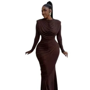 Elegant long-sleeve bodycon maxi dress with chic draped cowl neck in solid chocolate brown.