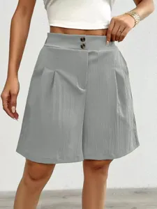 Summer women high waist pleated wide leg shorts casual grey loose pants apparel