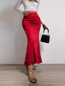 Women sparkling red sequin mermaid skirt high waist slim fit long midi party wear