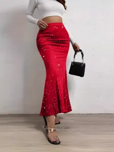 Women red glitter mermaid midi skirt elegant high waist bodycon long party skirt main