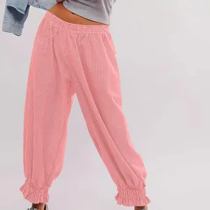 Women pink striped casual pants loose high waist ruffle hem flare trousers summer fashion