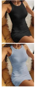 Detail view of sleeveless ribbed bodycon mini dress in black and light blue colors.