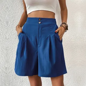 Women high waist pleated wide leg shorts casual summer royal blue bottoms detail view