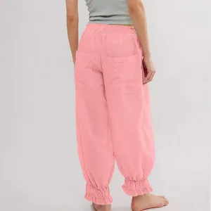 Women's pink casual pants high elastic waist ruffled flare trousers spring summer style