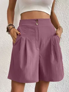 Women high waist wide leg shorts casual summer loose pleated shorts with pockets and double buttons.
