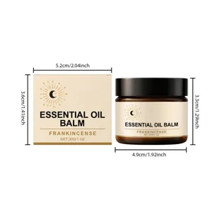Essential oil balm jar packaging detail with size dimensions 30g/1oz amber glass