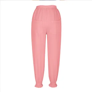 Pink casual pleated pants for women featuring elastic waist and ruffle cuffs straight style.