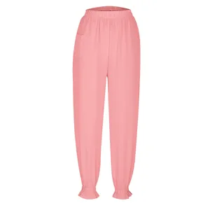 Women pink pleated casual pants spring summer elastic waist lettuce edge loose trousers