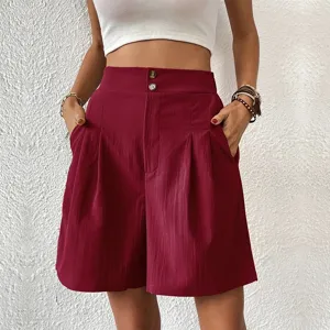 Women high waist wide leg shorts summer casual pleated trousers with pockets burgundy S