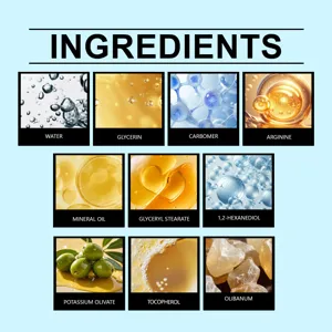 Detailed ingredient list infographic showcasing active cream components and micro textures.