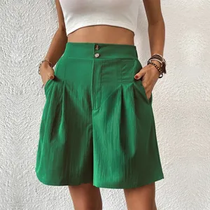 Women high waist pleated green shorts casual loose summer wide leg shorts with pockets