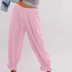 Pink striped casual pants detail, elastic waist with cute ruffle hem, comfortable fit.
