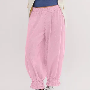 Pink striped casual pants with elastic ruffle waist and wide leg design for women.