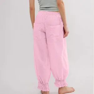 Pink striped casual pants women summer loose elastic high waist ruffles wide leg trousers