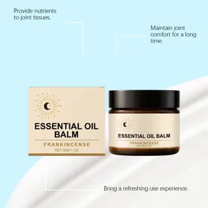 Detail shot of frankincense essential oil balm jar and box showing 30g capacity and texture.