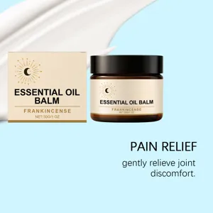 Frankincense essential oil balm detail showing jar and box for joint care and comfort