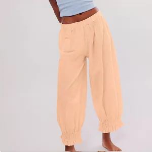 Women's casual elastic waist corduroy trousers with ruffled cuffs and pocket details.