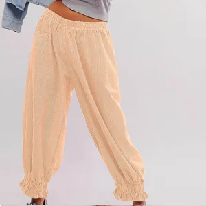 High waist striped loose trousers women casual summer ruffle hem wide leg pants comfortable