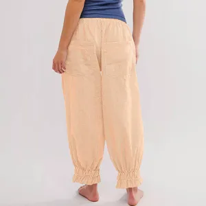 Striped casual trousers with ruffled hem, loose fit, elastic high waist, back pockets detailing