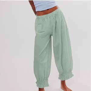Women light green casual loose pants ruffle hem elastic waist trousers spring summer apparel