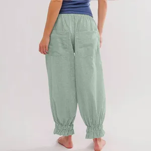 Women casual striped loose pants with ruffle ankle and elastic waist for spring and summer season