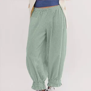 Casual striped wide-leg pants detail, elastic waist with cute ruffled cuffs design.