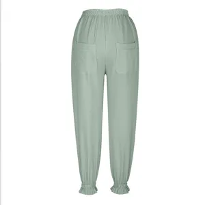 Sage green ribbed casual pants for women, elastic waist with cute lettuce edge cuffs.