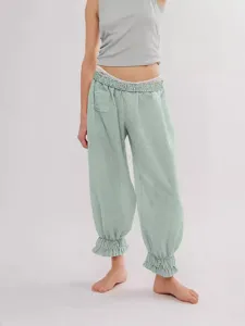 Women casual pants light green seersucker elastic waist ruffled hem stylish summer trousers